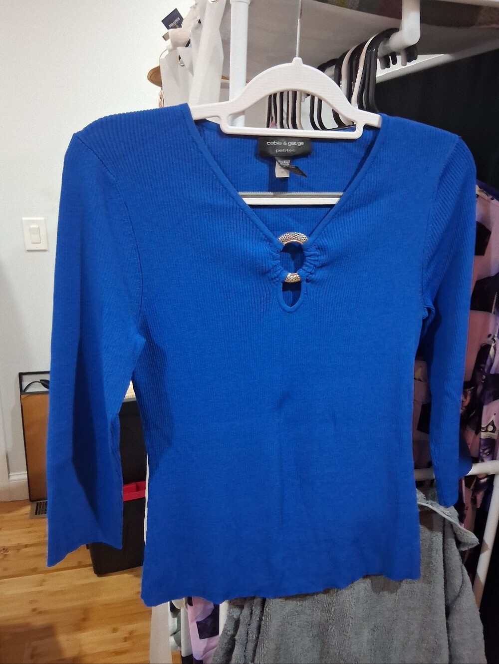 Cable & Gauge Royal Blue Ribbed V-Neck Long Sleeve Top with Ring Accent